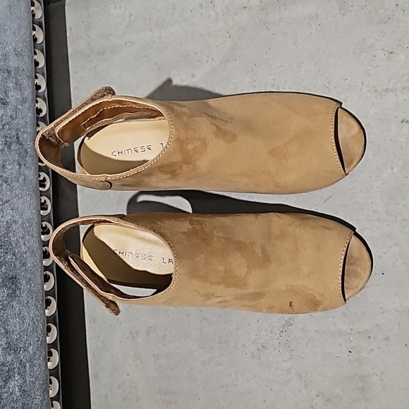 Tan Peep Toe Block Heels - Picture 1 of 6